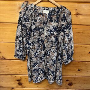 MELLODAY Paisley Tunic M Flare Blouse Empire WaistButton Up Shirt Women